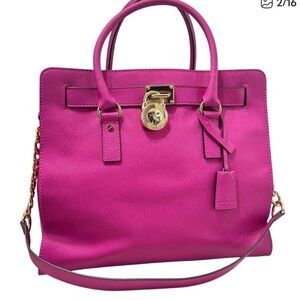 Michael Kors Hamilton Fuchsia padlock satchel gold chain Designer handbag